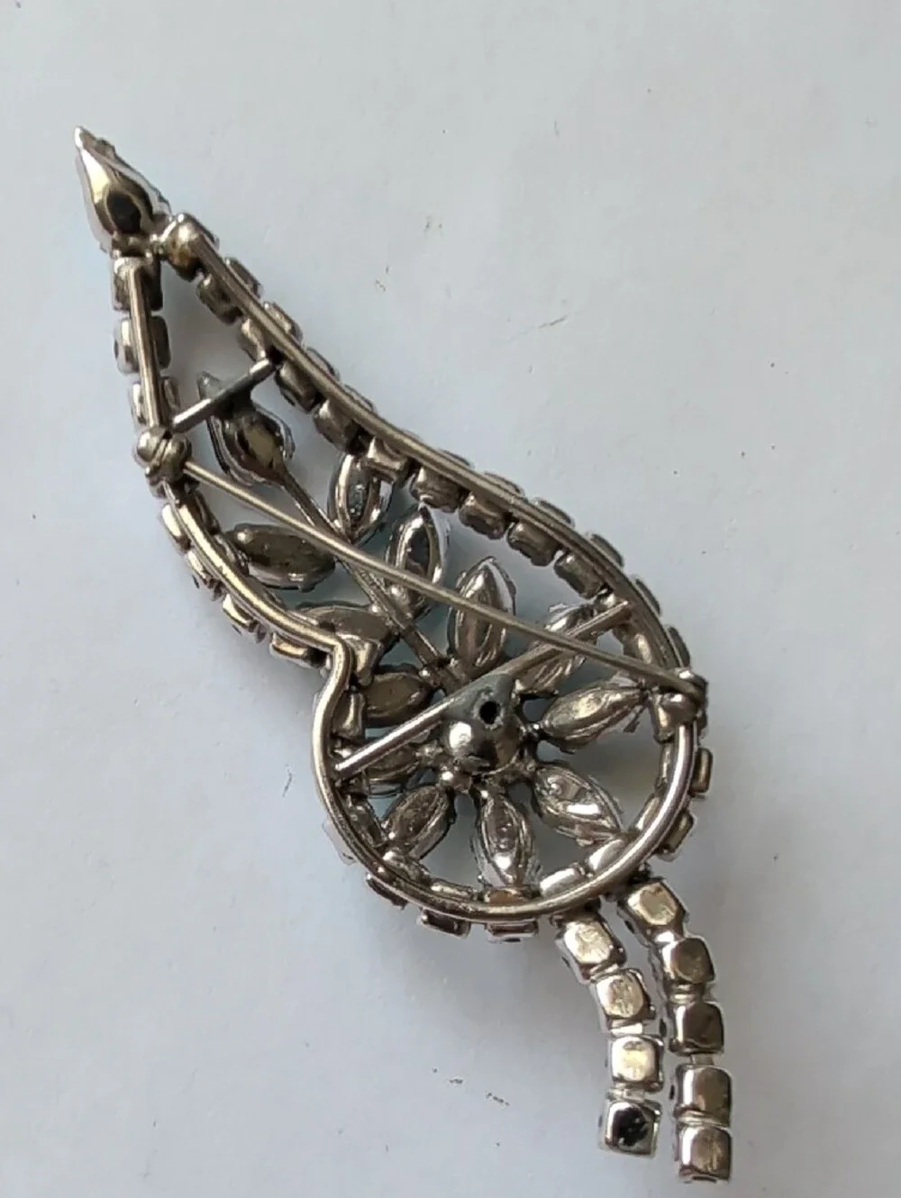 Vintage Blue and Clear Rhinestone Leaf Brooch - Vintage